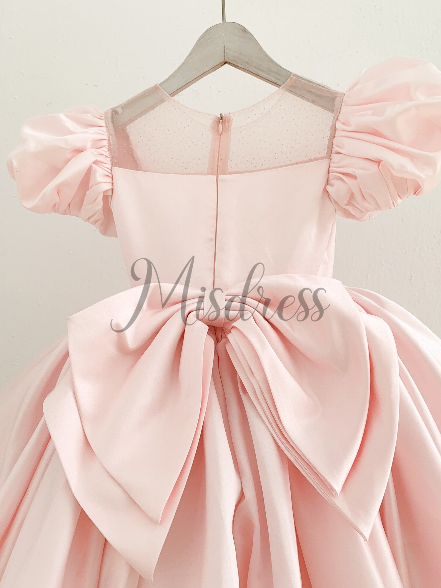 Puff Sleeves Pink Satin Glittering Tulle Neck Wedding Flower Girl Dress Big Bow
