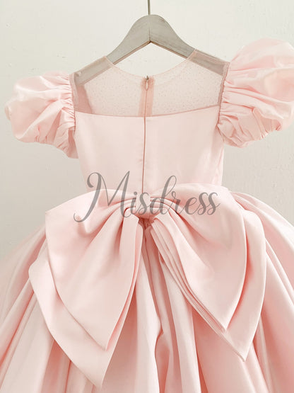 Puff Sleeves Pink Satin Glittering Tulle Neck Wedding Flower Girl Dress Big Bow