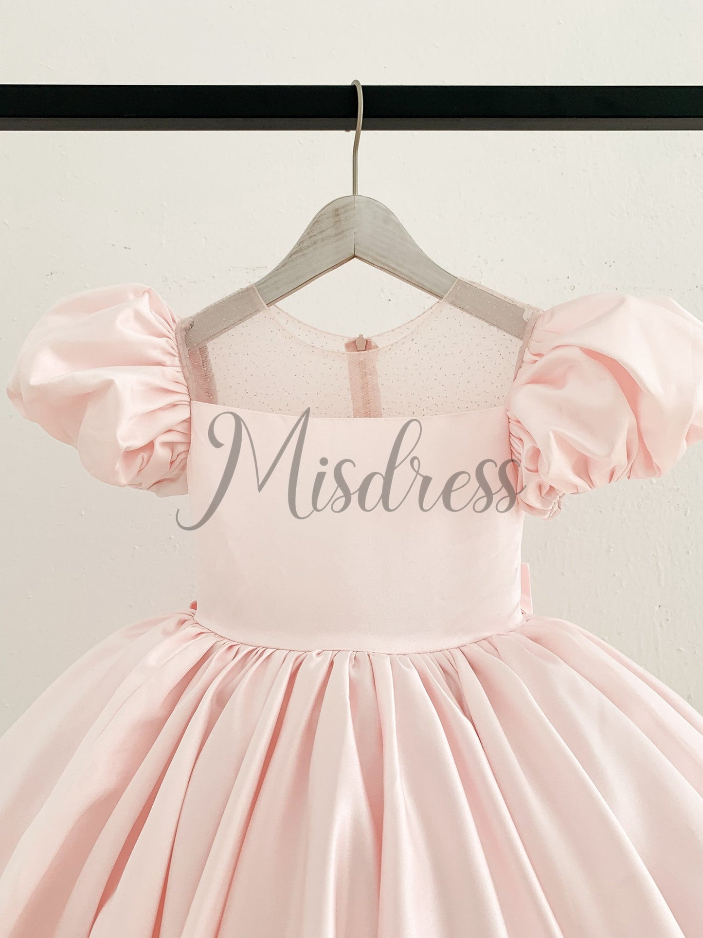 Puff Sleeves Pink Satin Glittering Tulle Neck Wedding Flower Girl Dress Big Bow