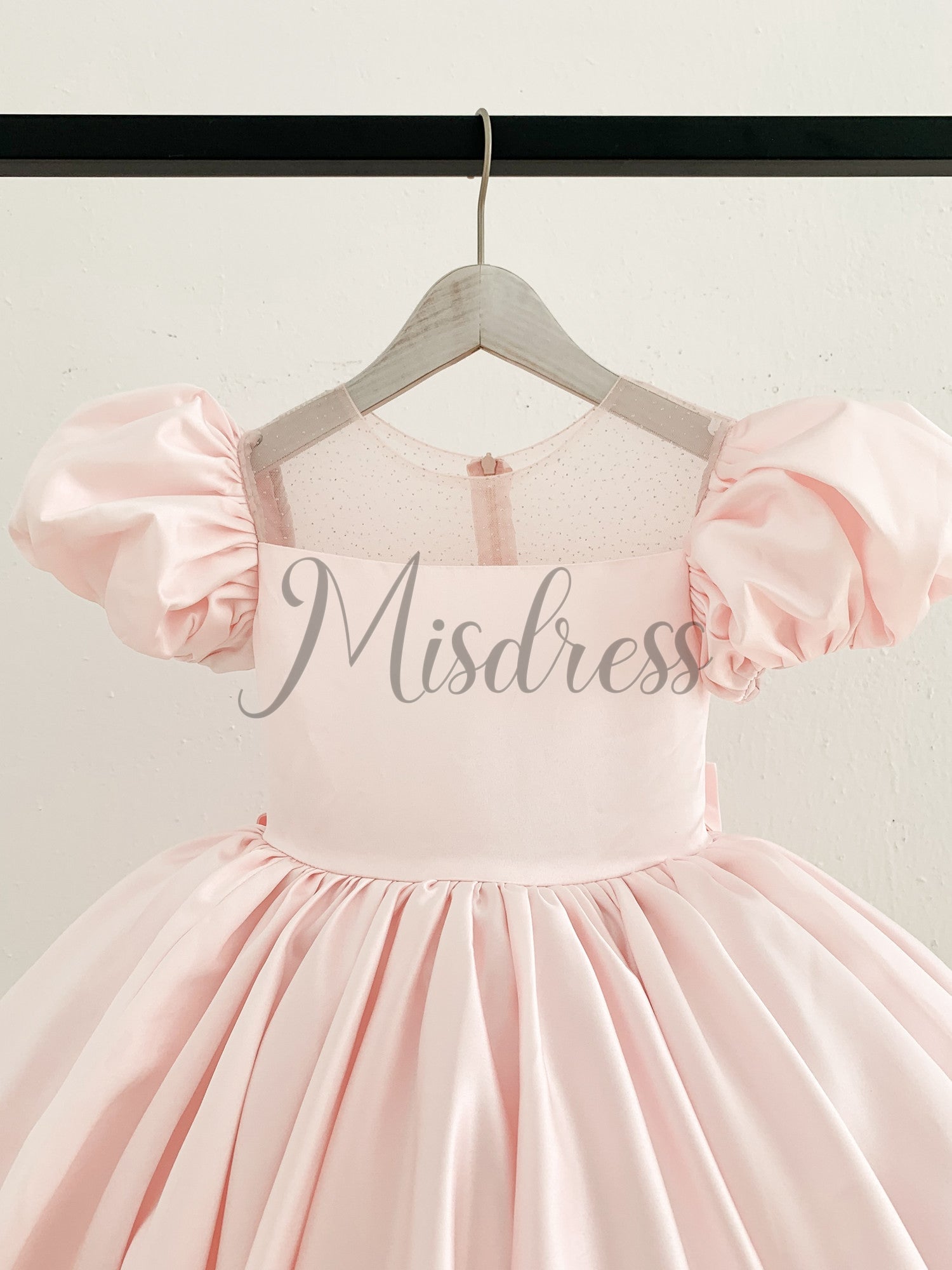 Puff Sleeves Pink Satin Glittering Tulle Neck Wedding Flower Girl Dress Big Bow