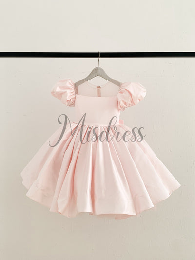 Puff Sleeves Pink Satin Glittering Tulle Neck Wedding Flower Girl Dress Big Bow