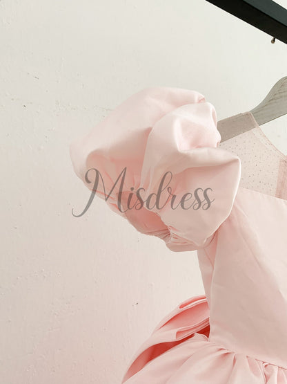 Puff Sleeves Pink Satin Glittering Tulle Neck Wedding Flower Girl Dress Big Bow