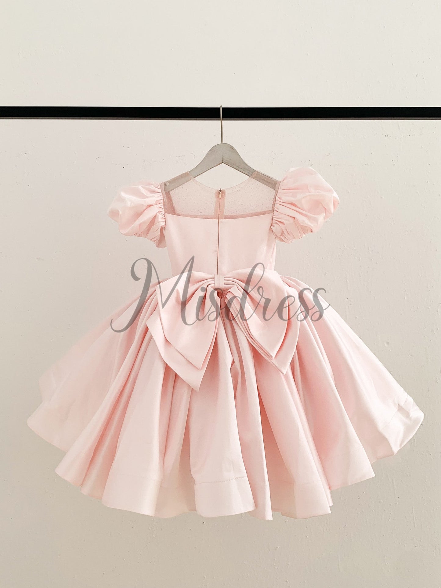 Puff Sleeves Pink Satin Glittering Tulle Neck Wedding Flower Girl Dress Big Bow