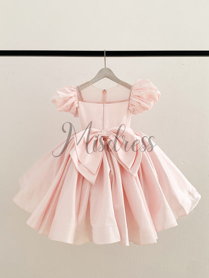 Puff Sleeves Pink Satin Glittering Tulle Neck Wedding Flower Girl Dress Big Bow