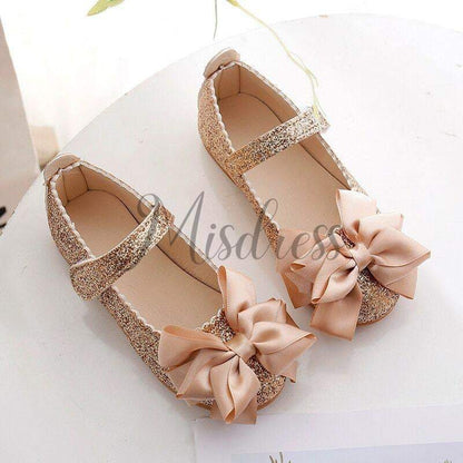 Purple/Pink/Gold Bowknot Sequin Wedding Flower Girl Shoes Kids Baby Princess Shoes - EU Size 21 / Gold