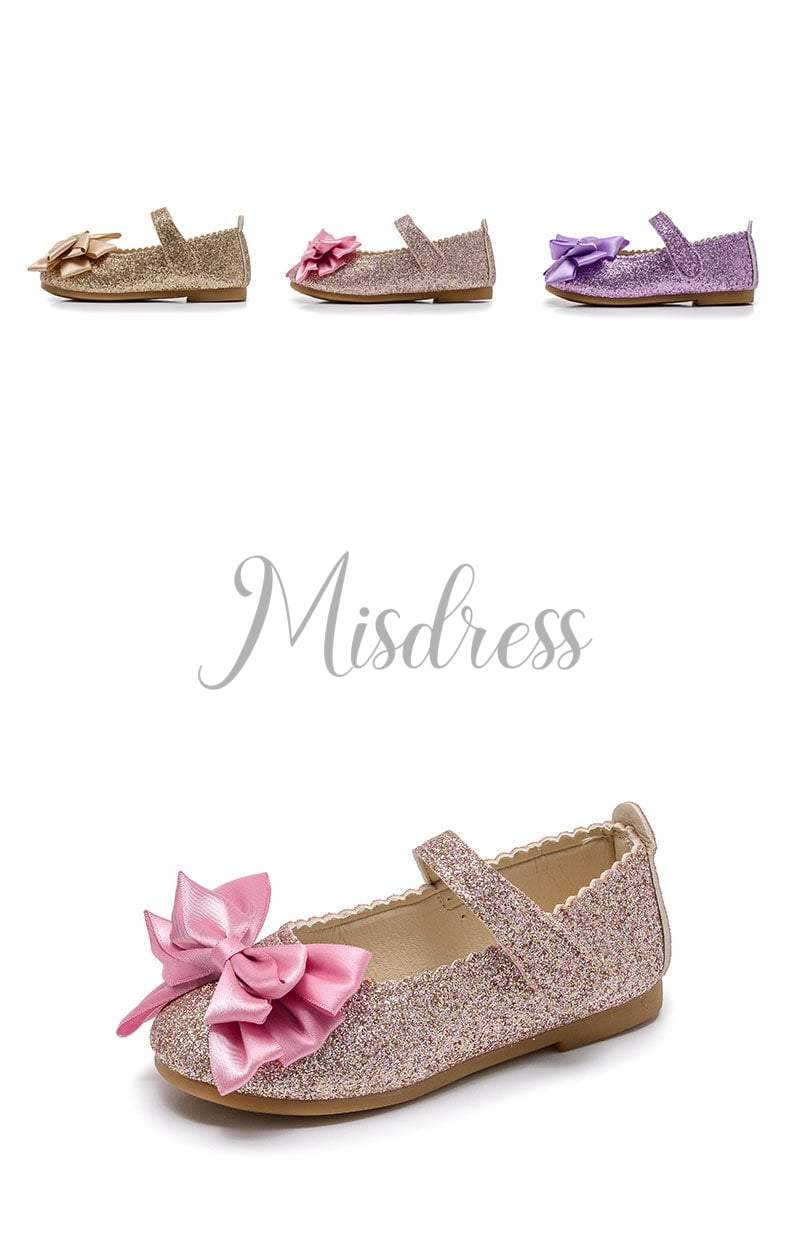 Purple/Pink/Gold Bowknot Sequin Wedding Flower Girl Shoes Kids Baby Princess Shoes - EU Size 21 / Pink