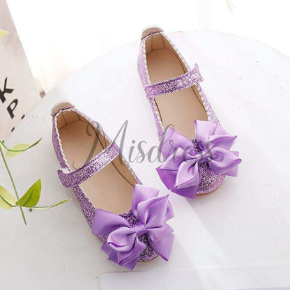 Purple/Pink/Gold Bowknot Sequin Wedding Flower Girl Shoes Kids Baby Princess Shoes - EU Size 21 / Purple
