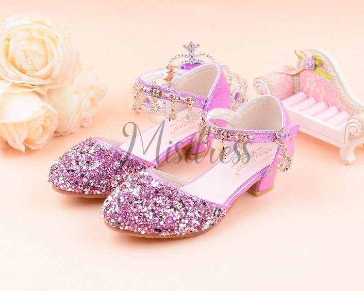Purple/Silver/Pink Sequin Rhinestone Sandals Wedding Flower Girl Shoes High Heels Princess Dancing Shoes - EU Size 26 / Purple