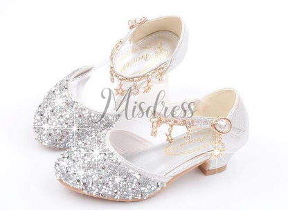 Purple/Silver/Pink Sequin Rhinestone Sandals Wedding Flower Girl Shoes High Heels Princess Dancing Shoes - EU Size 26 / Silver