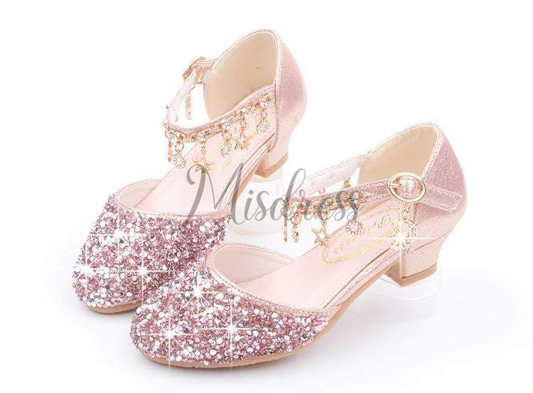 Purple/Silver/Pink Sequin Rhinestone Sandals Wedding Flower Girl Shoes High Heels Princess Dancing Shoes - EU Size 26 / Pink