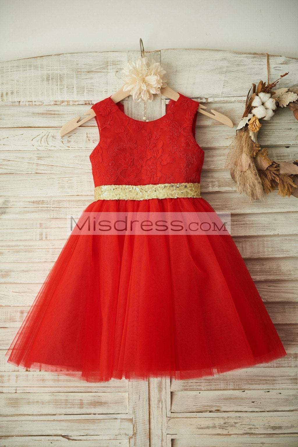 Red Lace Tulle Wedding Flower Girl Dress Christmas Party Dress with Gold Sequin Belt\Bow - Flower Girl Dresses