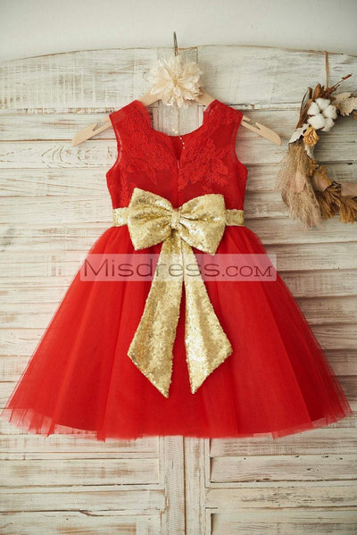 Red Lace Tulle Wedding Flower Girl Dress Christmas Party Dress with Gold Sequin Belt\Bow - Flower Girl Dresses
