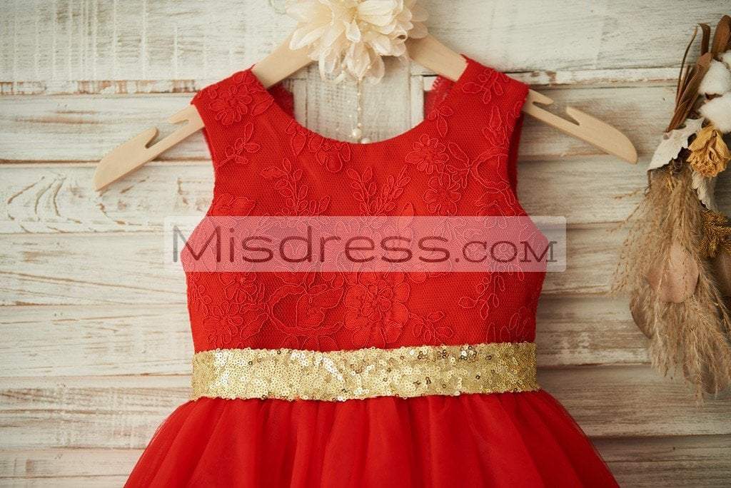 Red Lace Tulle Wedding Flower Girl Dress Christmas Party Dress with Gold Sequin Belt\Bow - Flower Girl Dresses