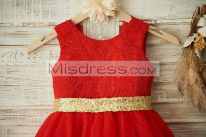 Red Lace Tulle Wedding Flower Girl Dress Christmas Party Dress with Gold Sequin Belt\Bow - Flower Girl Dresses