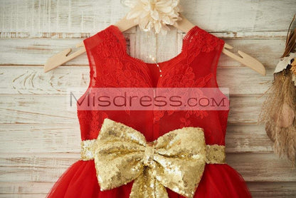 Red Lace Tulle Wedding Flower Girl Dress Christmas Party Dress with Gold Sequin Belt\Bow - Flower Girl Dresses