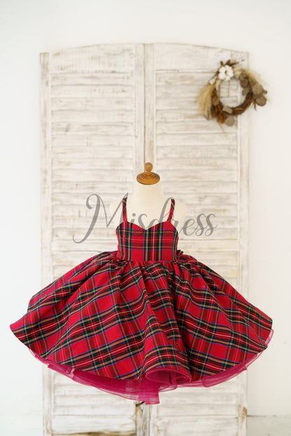 Red Tartan Wedding Flower Girl Dress Kids Party Dress Christmas Dress - 1T
