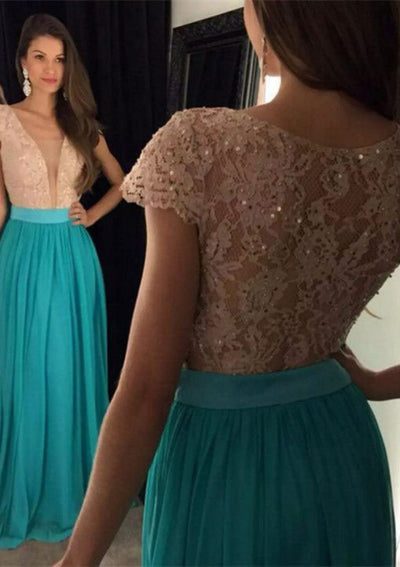 Rhinestone Lace Plunging Turquoise Blue Long Chiffon Prom