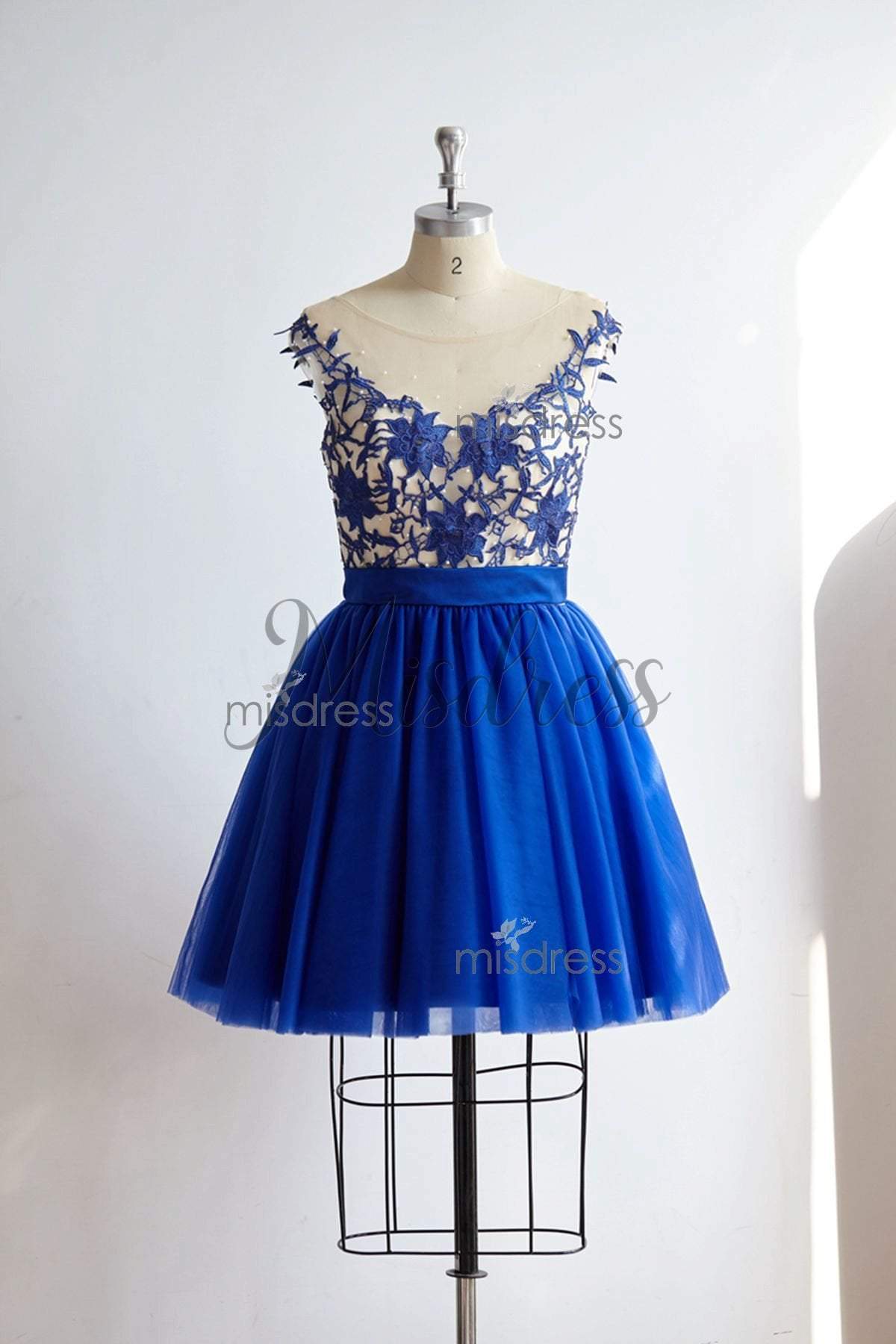 V Back Royal Blue Lace Tulle Knee Length Prom Party Cocktail Dress ...