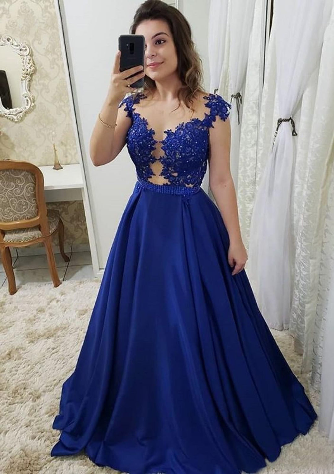 open lace back dress Gorgeous A-Line Ruffled Lace Tulle Long Prom Dress with Beading & Illusion Back main image 0
