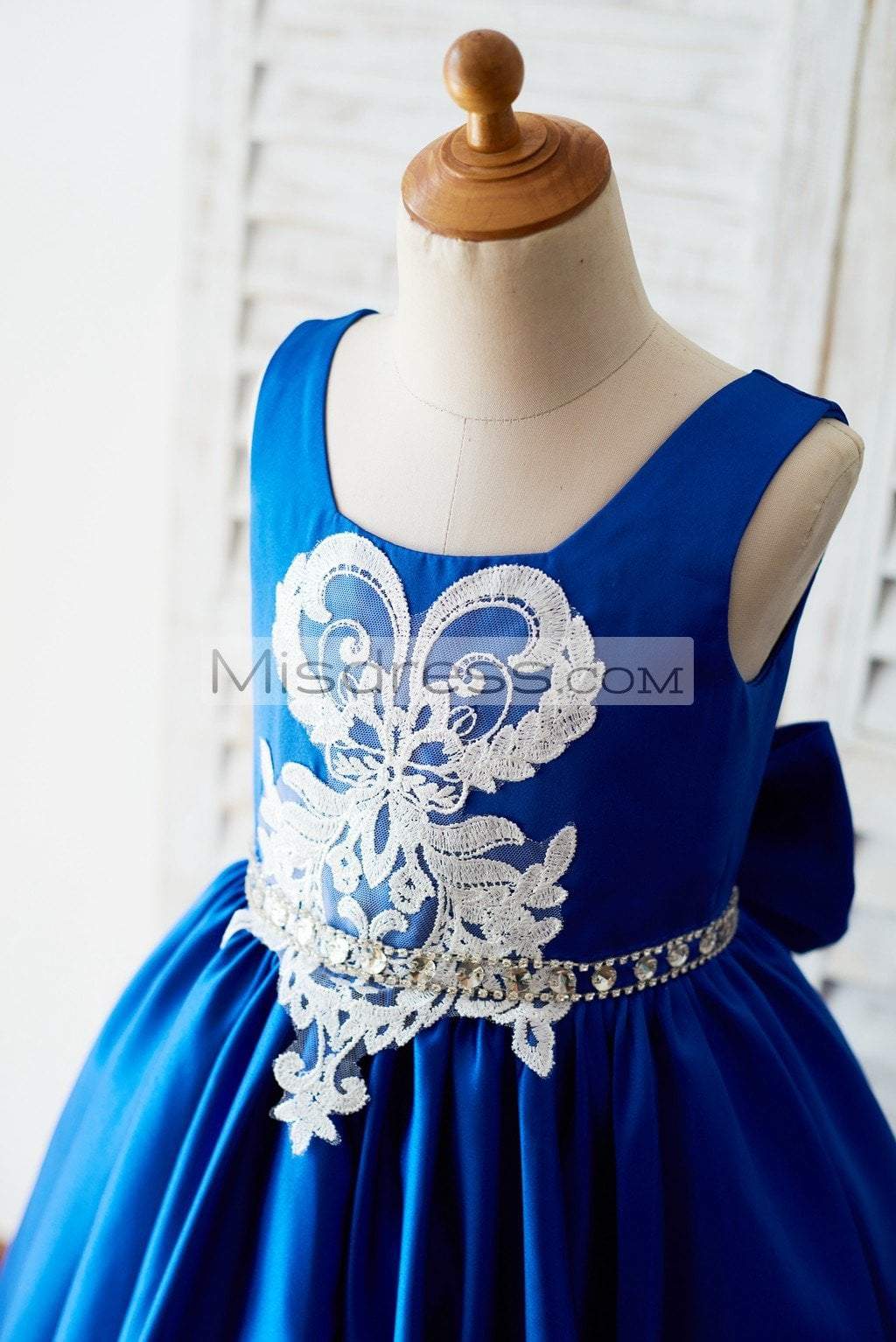 Royal Blue Satin Square Neck Wedding Party Flower Girl Dress with Lace Trim - Flower Girl Dresses