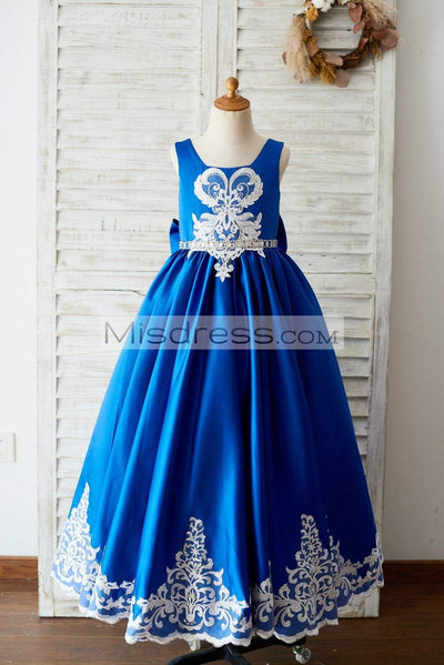 Royal Blue Satin Square Neck Wedding Party Flower Girl Dress with Lace Trim - Flower Girl Dresses