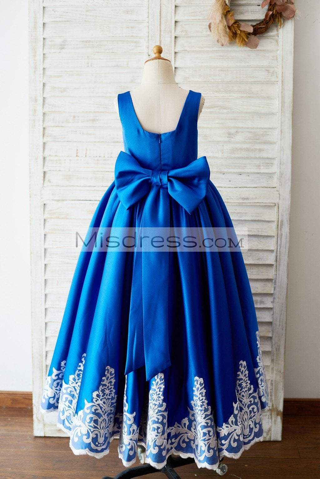 Royal Blue Satin Square Neck Wedding Party Flower Girl Dress with Lace Trim - Flower Girl Dresses