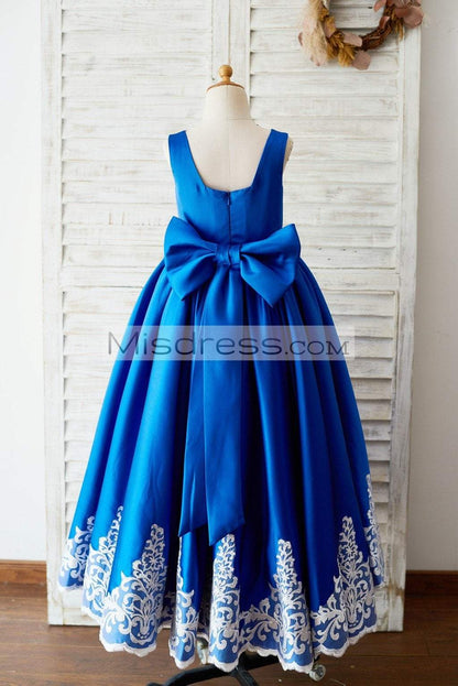 Royal Blue Satin Square Neck Wedding Party Flower Girl Dress with Lace Trim - Flower Girl Dresses