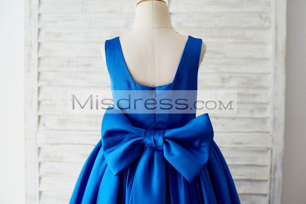 Royal Blue Satin Square Neck Wedding Party Flower Girl Dress with Lace Trim - Flower Girl Dresses