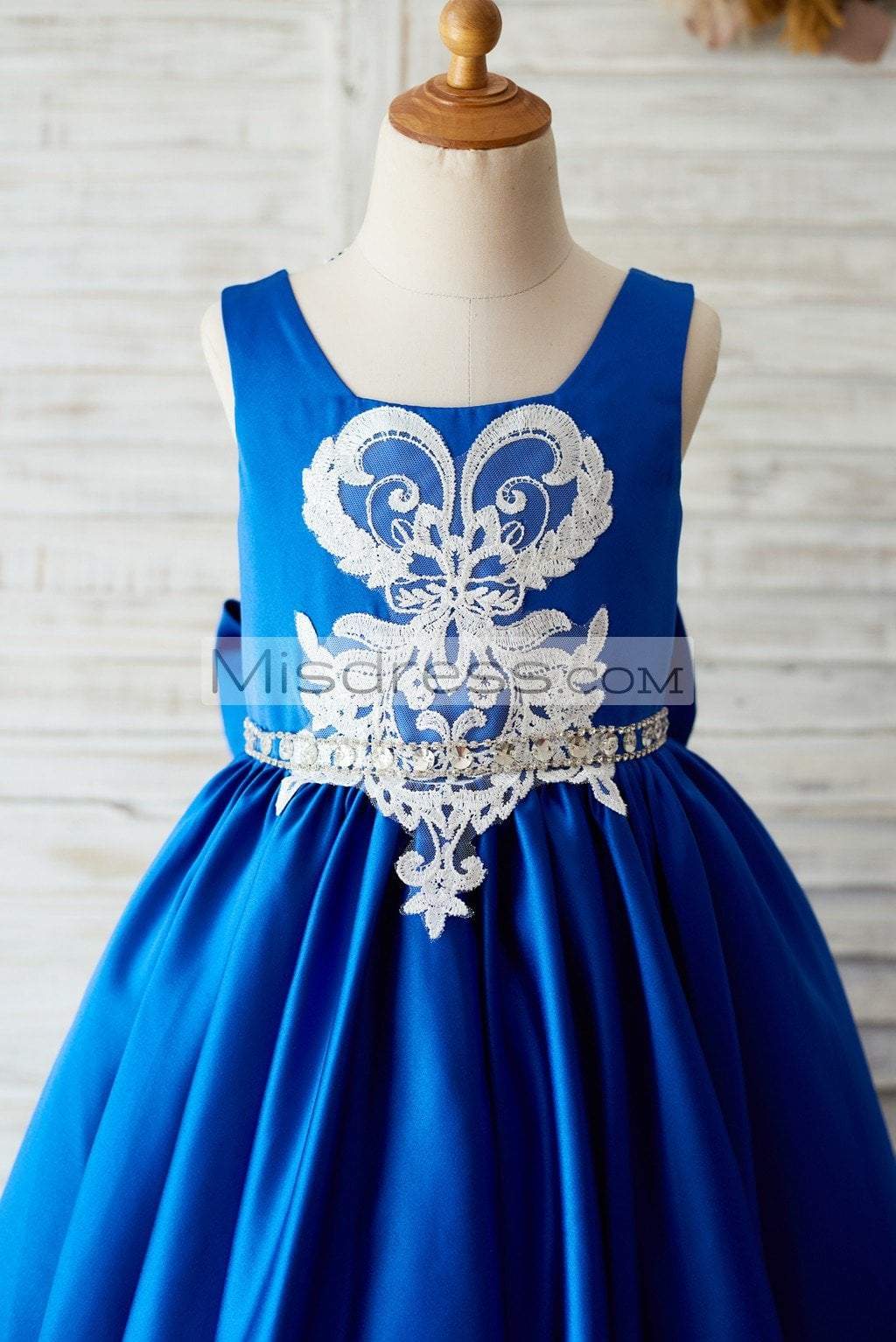 Royal Blue Satin Square Neck Wedding Party Flower Girl Dress with Lace Trim - Flower Girl Dresses