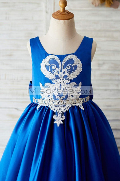 Royal Blue Satin Square Neck Wedding Party Flower Girl Dress with Lace Trim - Flower Girl Dresses
