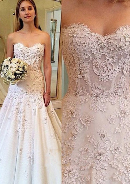 Satin A-Line Wedding Dress Strapless Ivory Lace Tulle 