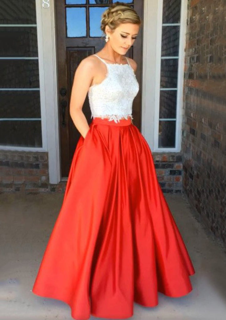 Satin Long A-Line Sleeveless Square Neck 2 Piece Set Prom Dress, Pleat