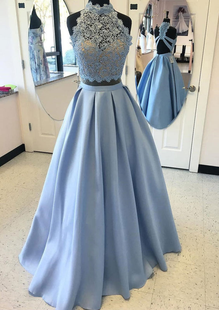 Satin Prom Gown A-Line High-Neck Royal Blue Lace Piece Set