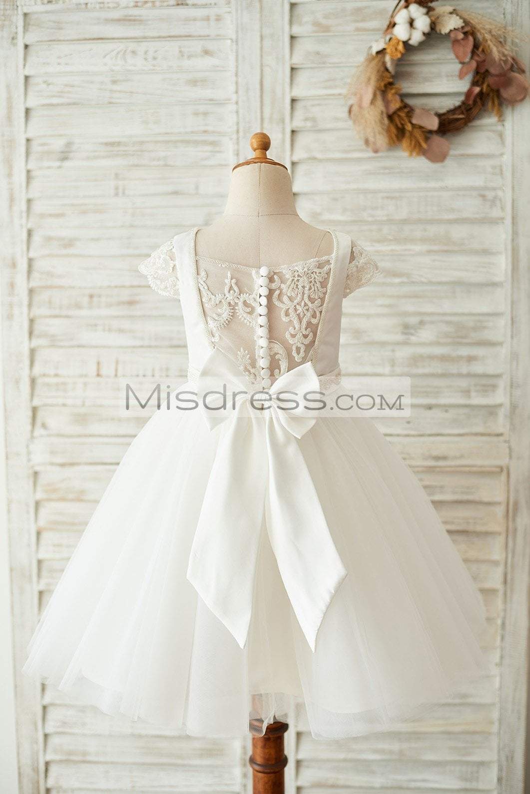 Satin Tulle Beaded Lace Cap Sleeves Sheer Back Wedding Flower Girl Dress with Bow - Flower Girl Dresses