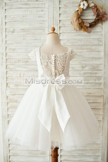 Satin Tulle Beaded Lace Cap Sleeves Sheer Back Wedding Flower Girl Dress with Bow - Flower Girl Dresses