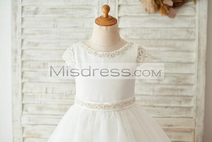 Satin Tulle Beaded Lace Cap Sleeves Sheer Back Wedding Flower Girl Dress with Bow - Flower Girl Dresses