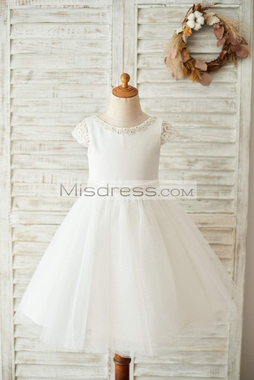Satin Tulle Beaded Lace Cap Sleeves Sheer Back Wedding Flower Girl Dress with Bow - Flower Girl Dresses