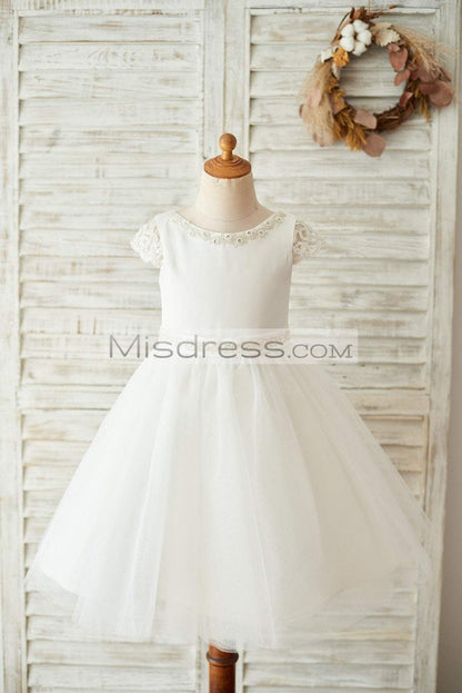 Satin Tulle Beaded Lace Cap Sleeves Sheer Back Wedding Flower Girl Dress with Bow - Flower Girl Dresses