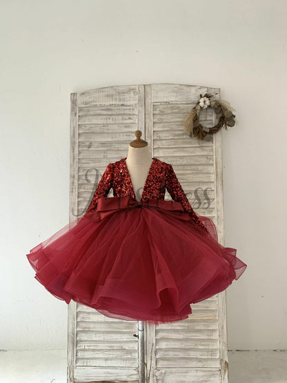Long Sleeves Sequin Tulle Wedding Party Flower Girl Dress Kids Party Dress TUTU Princess Dress - 1T / Burgundy
