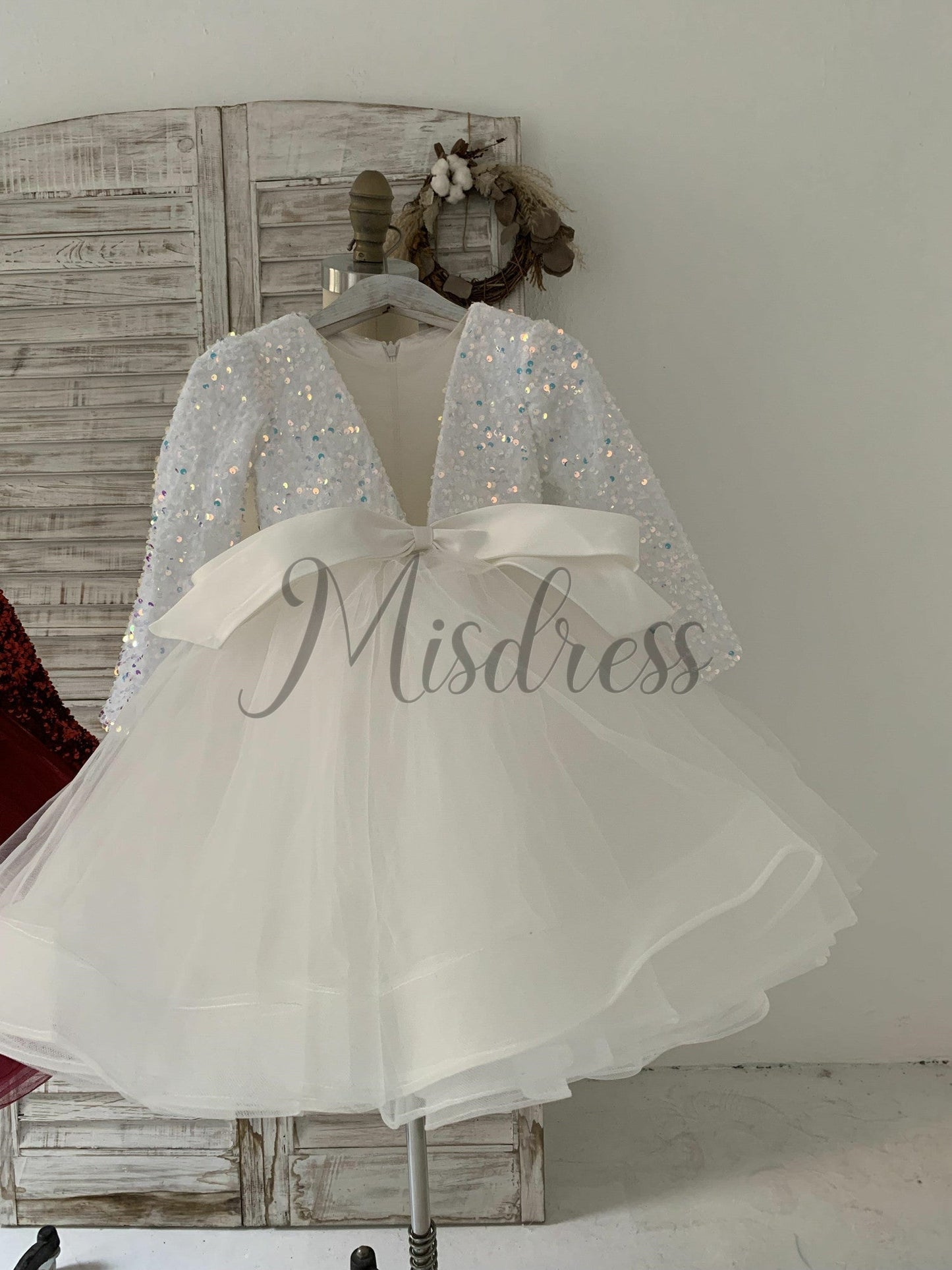 Long Sleeves Sequin Tulle Wedding Party Flower Girl Dress Kids Party Dress TUTU Princess Dress - 1T / Ivory