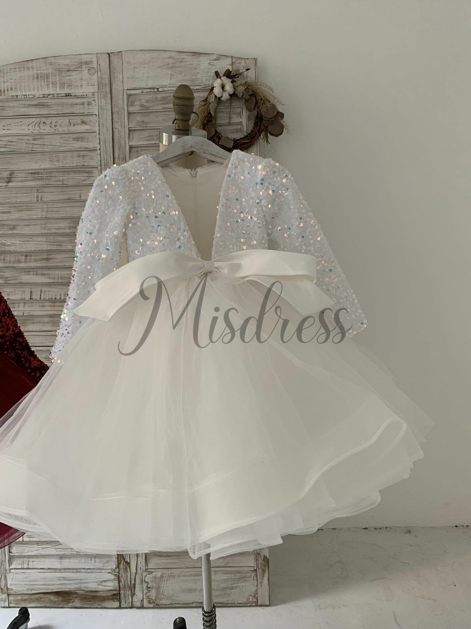 Long Sleeves Sequin Tulle Wedding Party Flower Girl Dress Kids Party Dress TUTU Princess Dress - 1T / Ivory