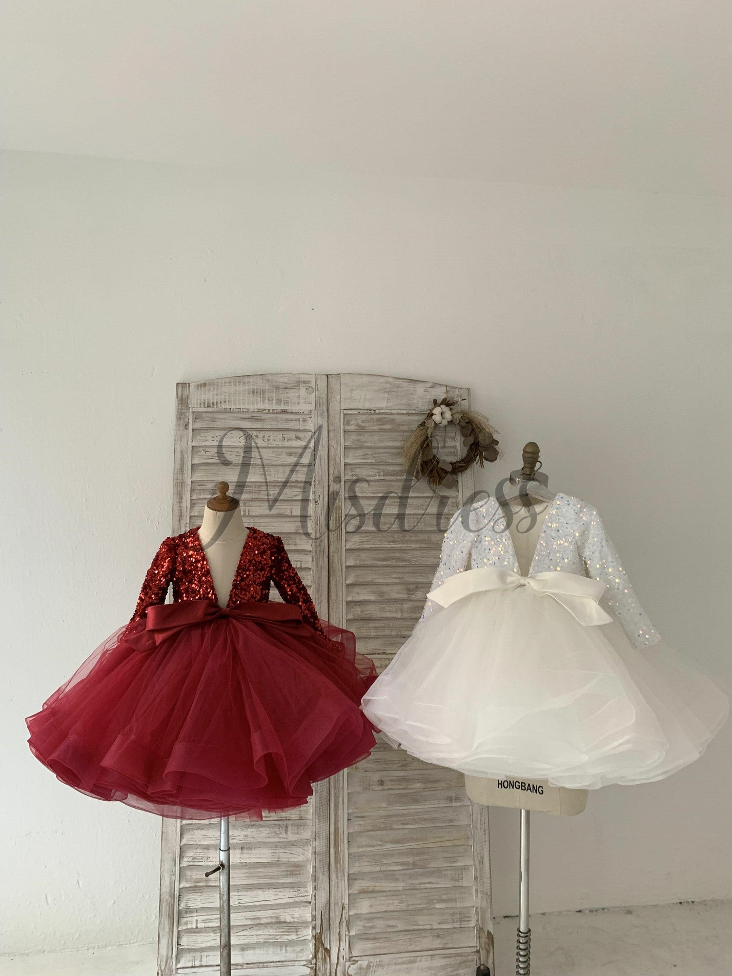Long Sleeves Sequin Tulle Wedding Party Flower Girl Dress Kids Party Dress TUTU Princess Dress