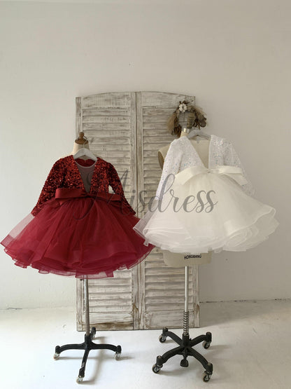 Long Sleeves Sequin Tulle Wedding Party Flower Girl Dress Kids Party Dress TUTU Princess Dress