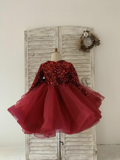 Long Sleeves Sequin Tulle Wedding Party Flower Girl Dress Kids Party Dress TUTU Princess Dress