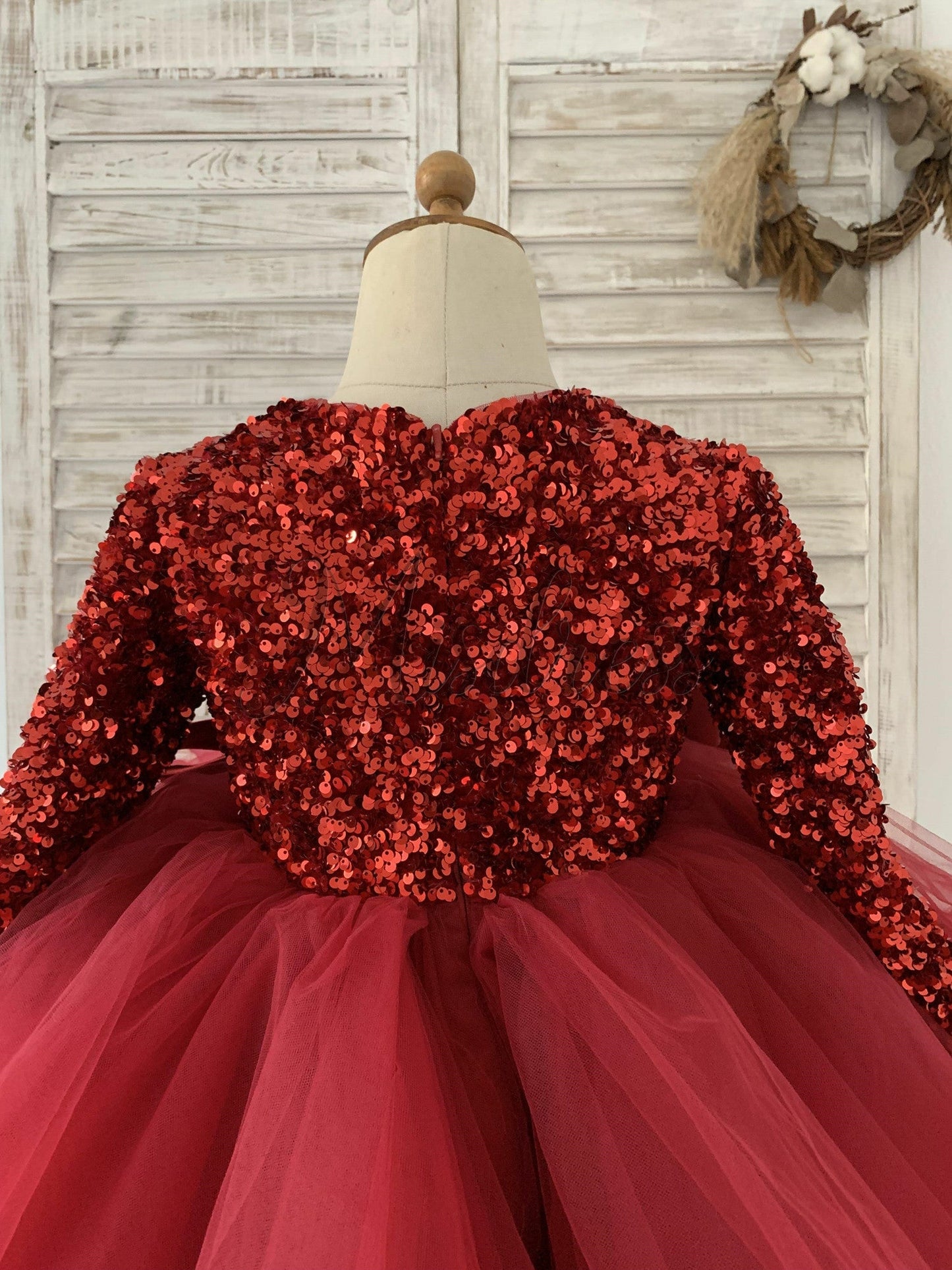 Long Sleeves Sequin Tulle Wedding Party Flower Girl Dress Kids Party Dress TUTU Princess Dress