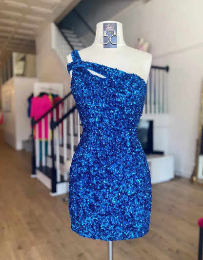 Sexy Glitter One Shoulder Hot Pink/Royal Blue Sequins 