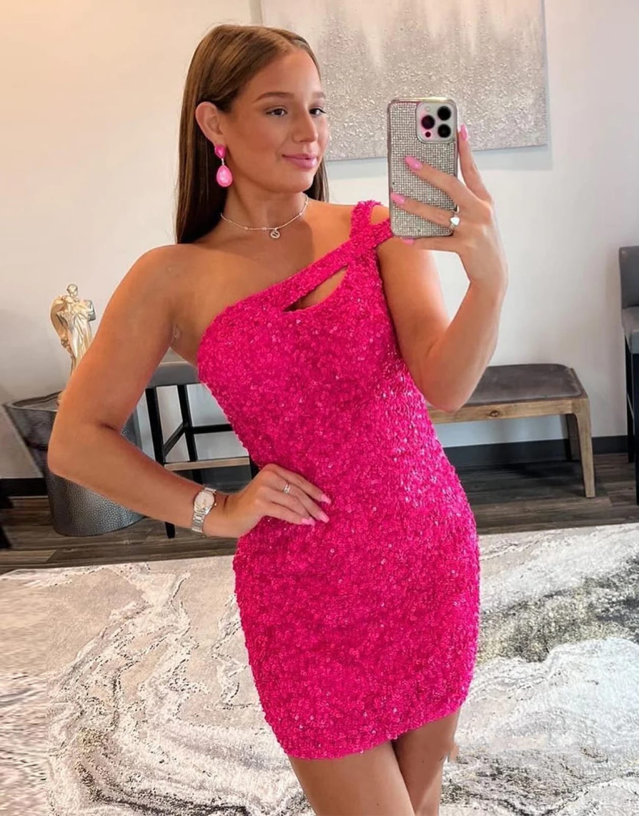 Sexy Glitter One Shoulder Hot Pink/Royal Blue Sequins 