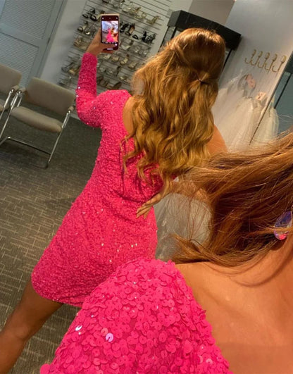 Sexy Glitter One Shoulder Single Sleeve Sequin Homecoming 