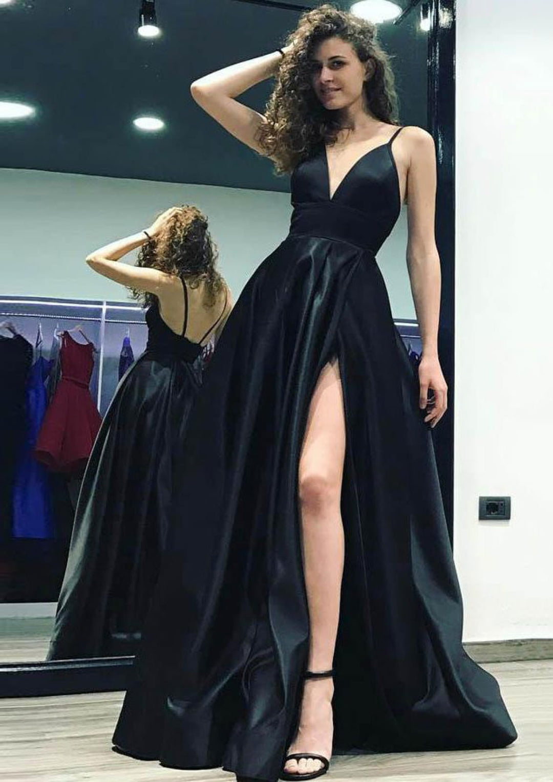 Sexy A-Line V Neck Straps Sweep Train Charmeuse Split Black Formal Prom Dress