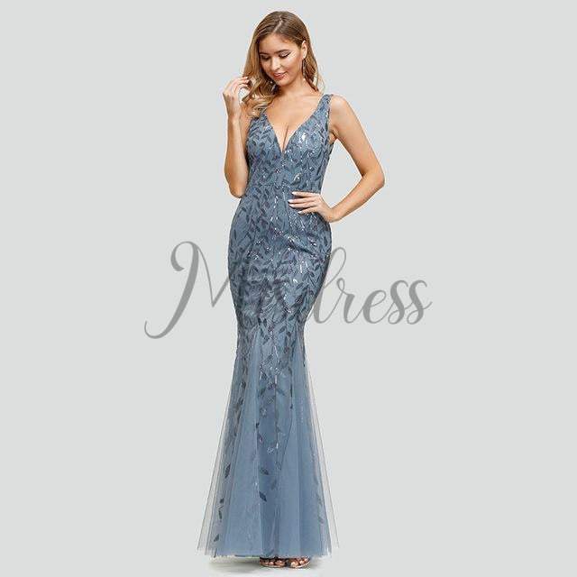 Sexy V Neck Tulle Sequin Evening Dress Prom Party Dress - 2 / Dusty Blue